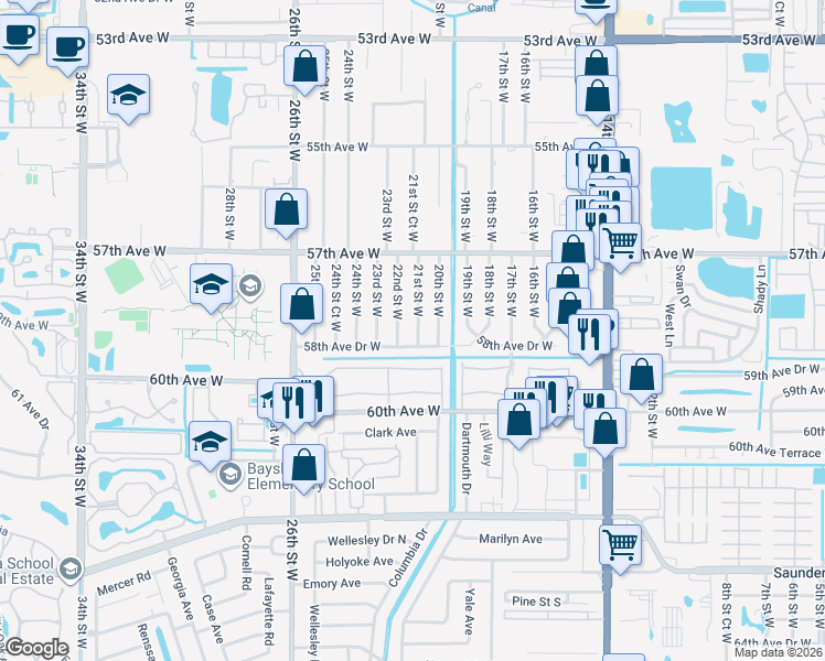map of restaurants, bars, coffee shops, grocery stores, and more near 5811 21st Street West in Bradenton