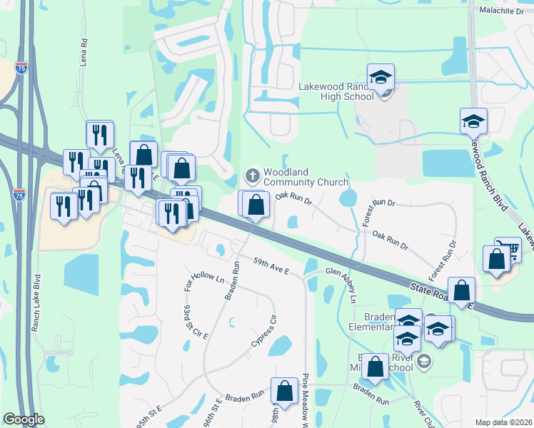 map of restaurants, bars, coffee shops, grocery stores, and more near 9611 Oak Run Drive in Bradenton