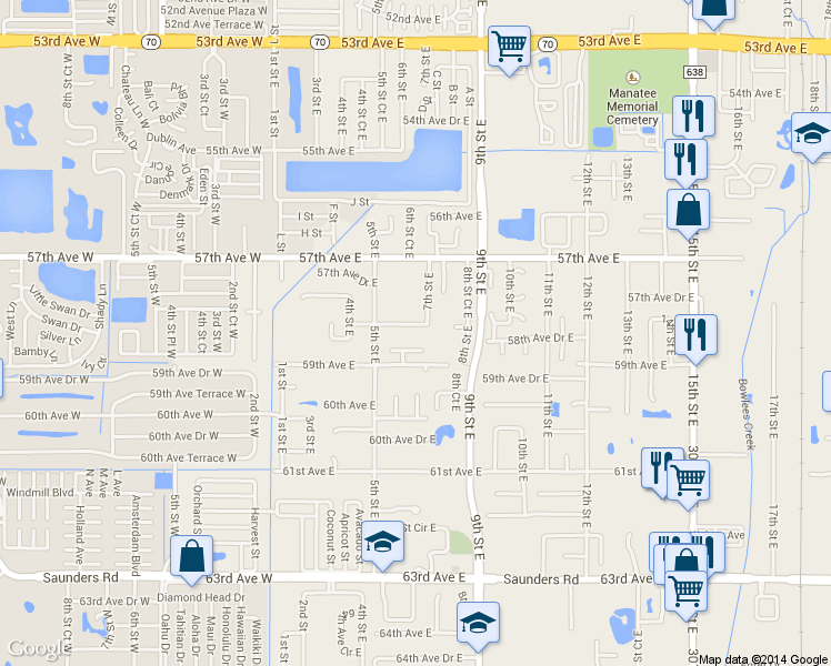 map of restaurants, bars, coffee shops, grocery stores, and more near 622 58th Avenue Drive East in Bradenton