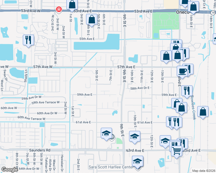 map of restaurants, bars, coffee shops, grocery stores, and more near 622 58th Avenue Drive East in Bradenton