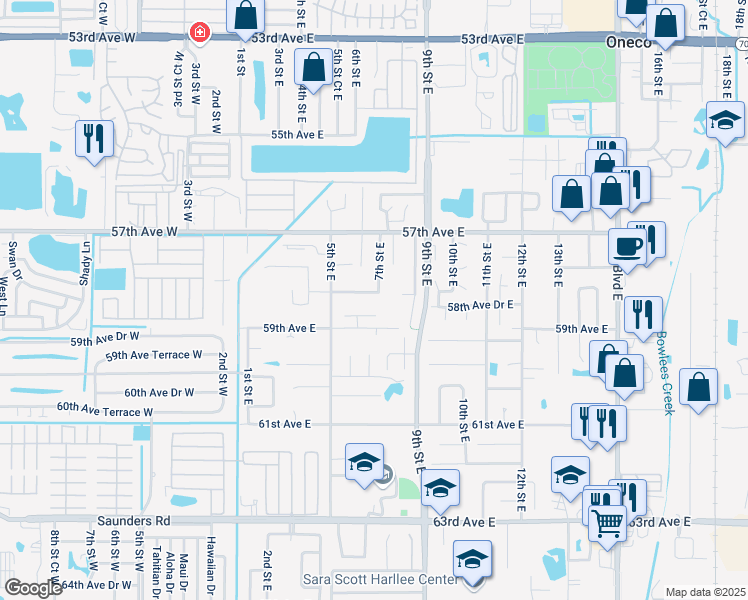 map of restaurants, bars, coffee shops, grocery stores, and more near 622 58th Avenue Drive East in Bradenton