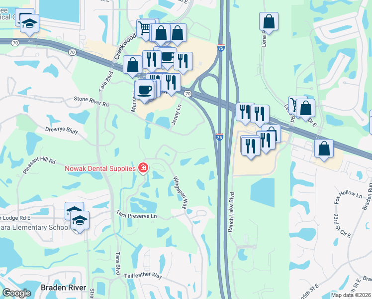 map of restaurants, bars, coffee shops, grocery stores, and more near 7523 Birds Eye Terrace in Bradenton