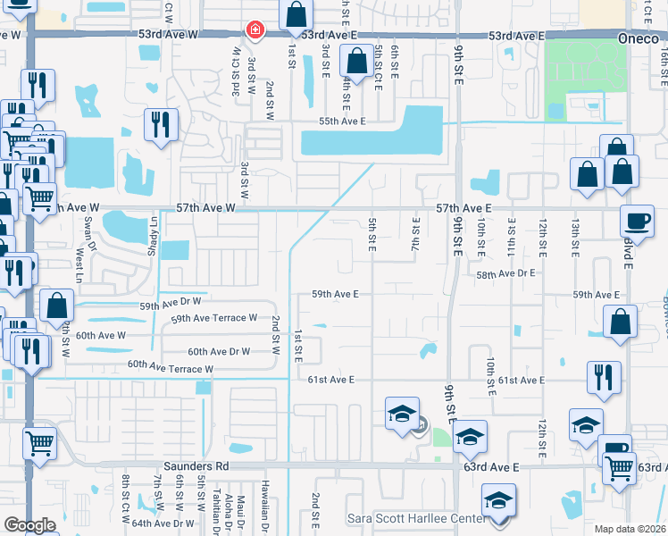 map of restaurants, bars, coffee shops, grocery stores, and more near 215 59th Avenue East in Bradenton