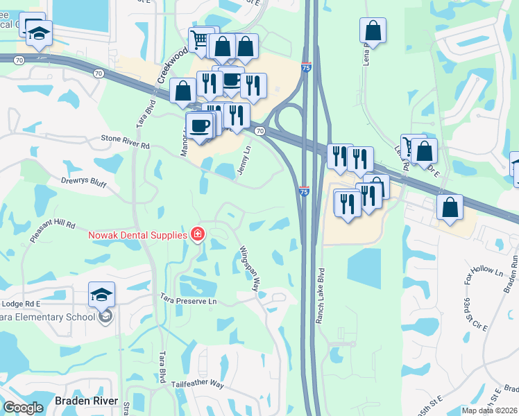map of restaurants, bars, coffee shops, grocery stores, and more near 7523 Birds Eye Terrace in Bradenton