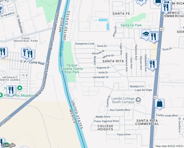 map of restaurants, bars, coffee shops, grocery stores, and more near 131 Avila Drive in Laredo