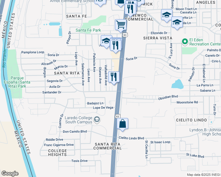 map of restaurants, bars, coffee shops, grocery stores, and more near 602 Prada Machin Drive in Laredo