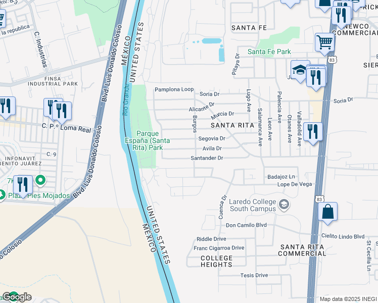 map of restaurants, bars, coffee shops, grocery stores, and more near 131 Avila Drive in Laredo