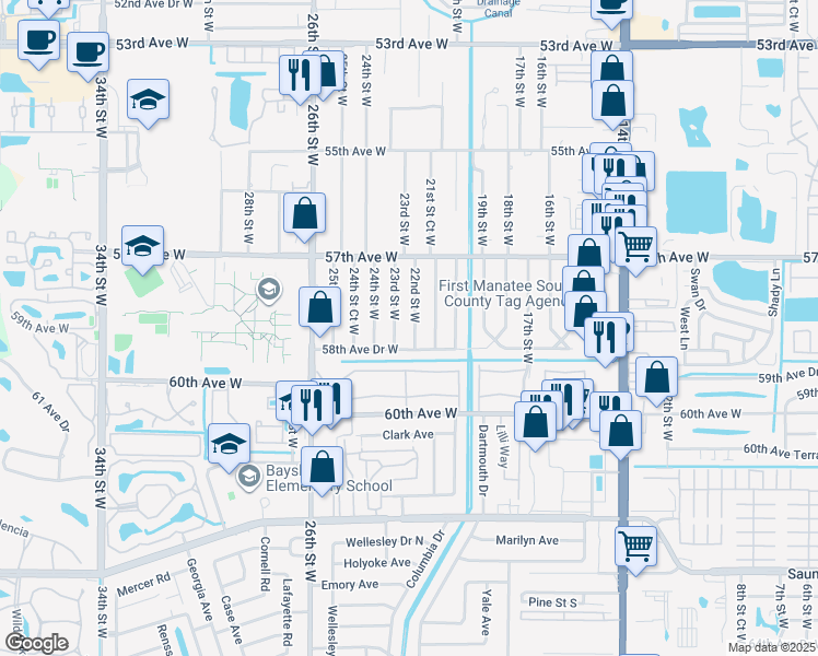 map of restaurants, bars, coffee shops, grocery stores, and more near 5812 22nd Street West in Bradenton