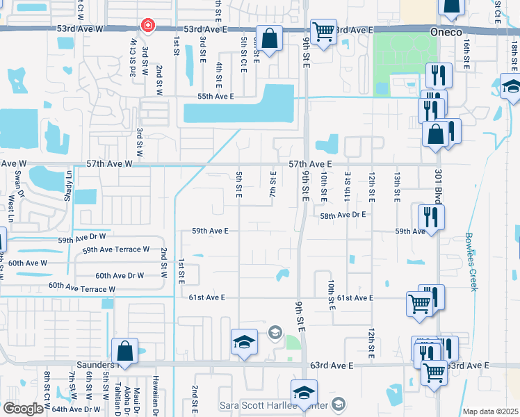 map of restaurants, bars, coffee shops, grocery stores, and more near 622 58th Avenue Drive East in Bradenton