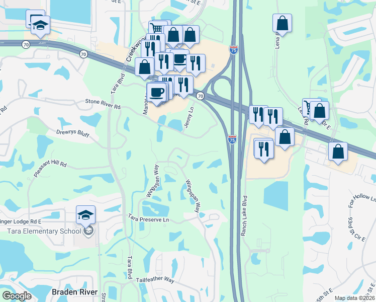 map of restaurants, bars, coffee shops, grocery stores, and more near 7427 Birds Eye Terrace in Bradenton