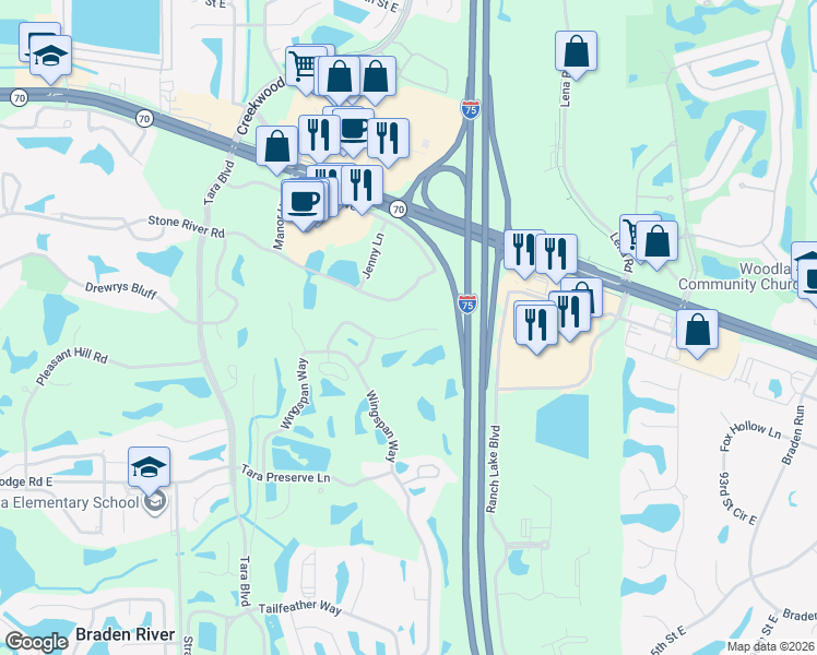 map of restaurants, bars, coffee shops, grocery stores, and more near 7523 Birds Eye Terrace in Bradenton