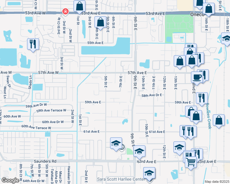 map of restaurants, bars, coffee shops, grocery stores, and more near 622 58th Avenue Drive East in Bradenton