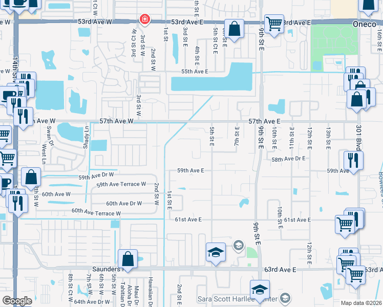 map of restaurants, bars, coffee shops, grocery stores, and more near 5822 4th Street East in Bradenton