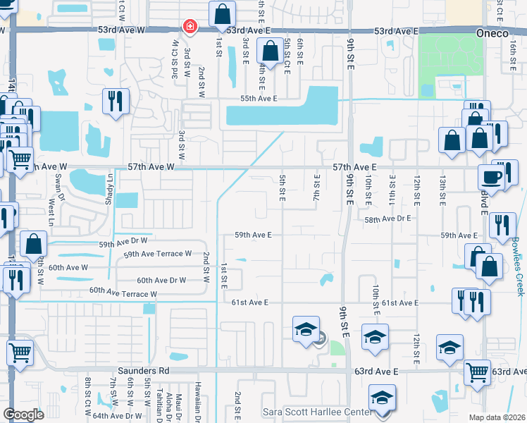 map of restaurants, bars, coffee shops, grocery stores, and more near 5822 4th Street East in Bradenton