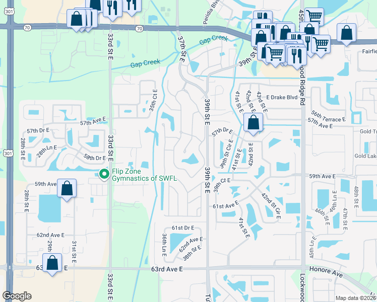 map of restaurants, bars, coffee shops, grocery stores, and more near 5803 Garden Lakes Palm in Bradenton