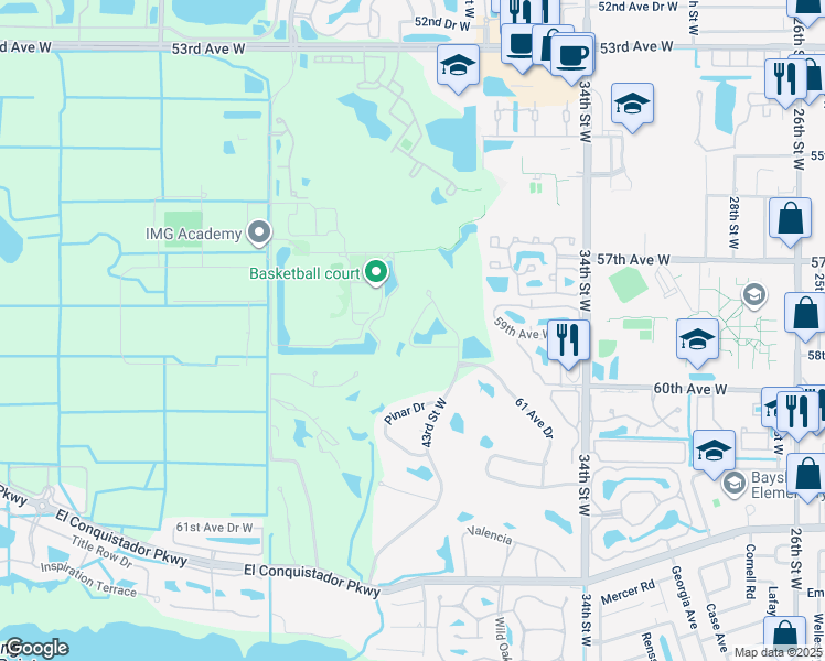 map of restaurants, bars, coffee shops, grocery stores, and more near Mirabella Circle in Manatee County