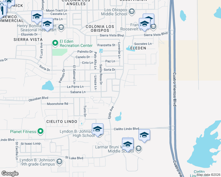 map of restaurants, bars, coffee shops, grocery stores, and more near 5131 Santa Rosa Drive in Laredo