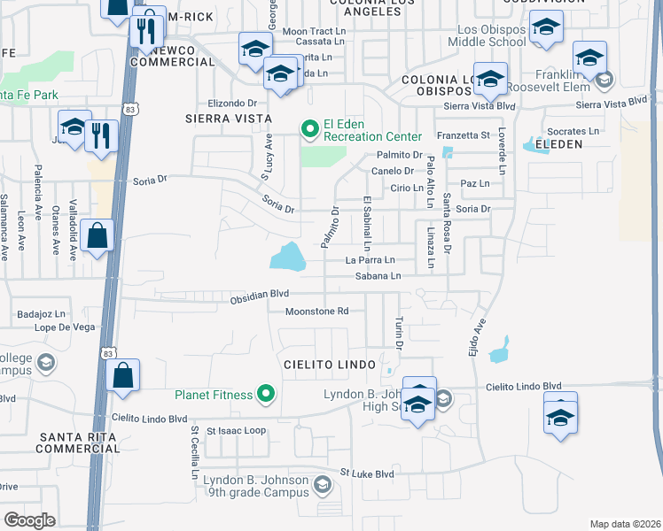 map of restaurants, bars, coffee shops, grocery stores, and more near 2511 La Parra Lane in Laredo