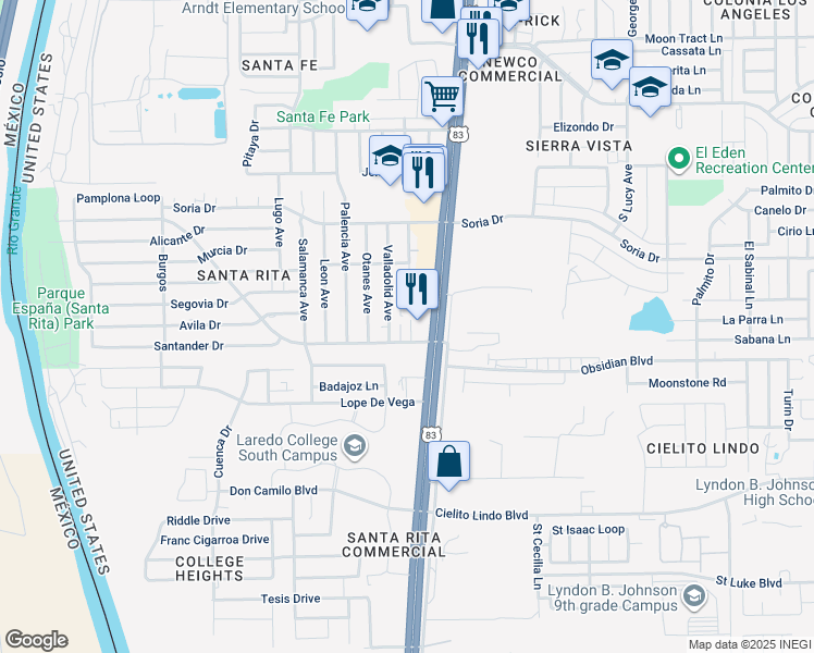 map of restaurants, bars, coffee shops, grocery stores, and more near 602 Prada Machin Drive in Laredo