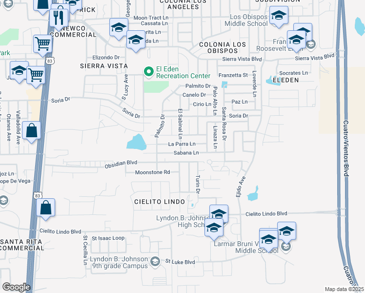map of restaurants, bars, coffee shops, grocery stores, and more near 2601 La Parra Lane in Laredo