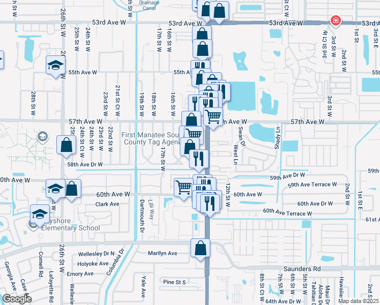 map of restaurants, bars, coffee shops, grocery stores, and more near 5802 14th Street West in Bradenton
