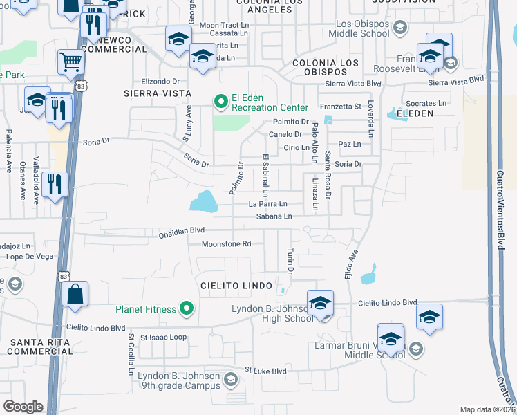 map of restaurants, bars, coffee shops, grocery stores, and more near 2601 La Parra Lane in Laredo