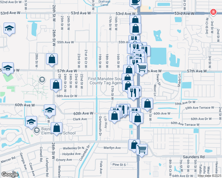 map of restaurants, bars, coffee shops, grocery stores, and more near 5810 17th Street West in Bradenton