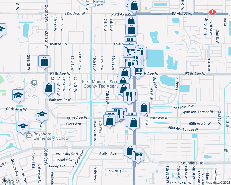 map of restaurants, bars, coffee shops, grocery stores, and more near 5809 16th Street West in Bradenton