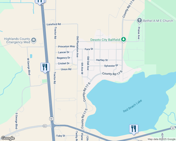 map of restaurants, bars, coffee shops, grocery stores, and more near 6635 Old Oak Avenue in Sebring