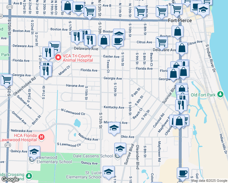 map of restaurants, bars, coffee shops, grocery stores, and more near 815 South 12th Street in Fort Pierce