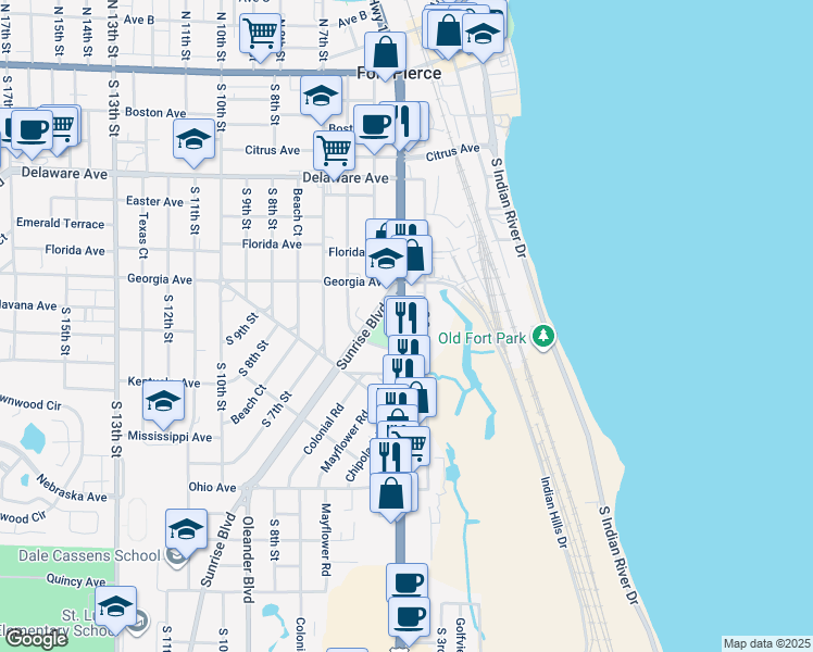 map of restaurants, bars, coffee shops, grocery stores, and more near 901 South 3rd Street in Fort Pierce