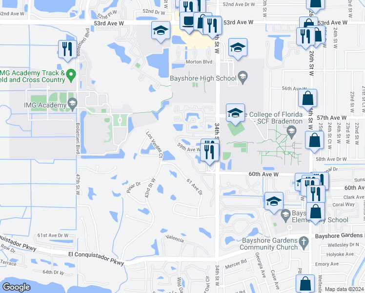 map of restaurants, bars, coffee shops, grocery stores, and more near 3607 59th Avenue West in Bradenton