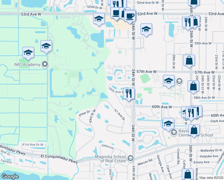 map of restaurants, bars, coffee shops, grocery stores, and more near 3607 59th Avenue West in Bradenton