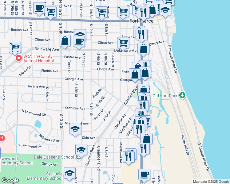 map of restaurants, bars, coffee shops, grocery stores, and more near 818 Beach Ct in Fort Pierce