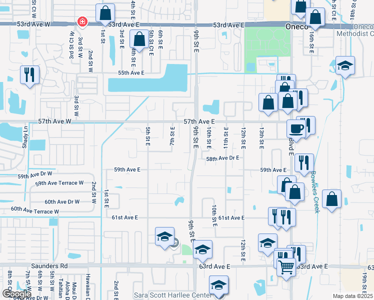 map of restaurants, bars, coffee shops, grocery stores, and more near 825 58th Avenue Drive East in Bradenton