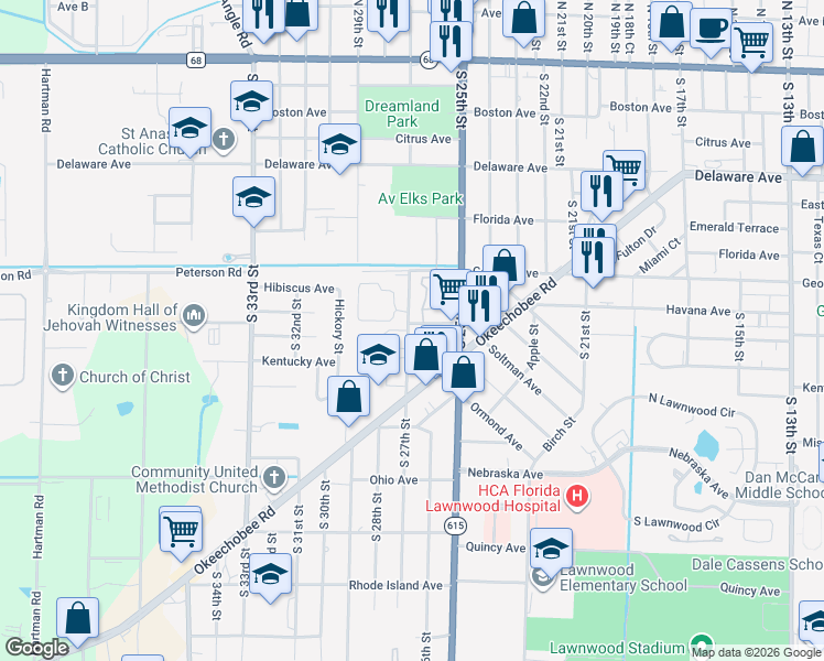 map of restaurants, bars, coffee shops, grocery stores, and more near 2611 Indiana Avenue in Fort Pierce