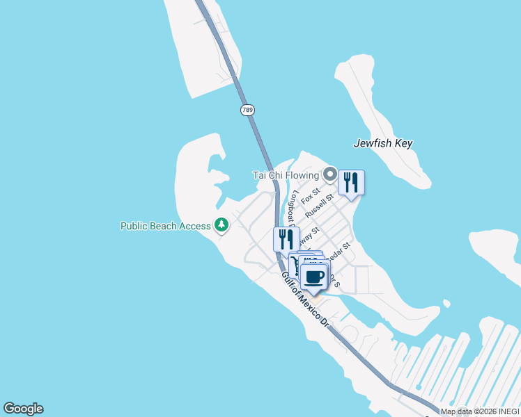 map of restaurants, bars, coffee shops, grocery stores, and more near 381 North Shore Road in Longboat Key