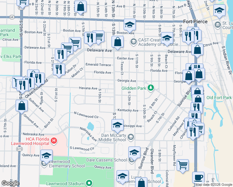 map of restaurants, bars, coffee shops, grocery stores, and more near 910 South 13th Street in Fort Pierce