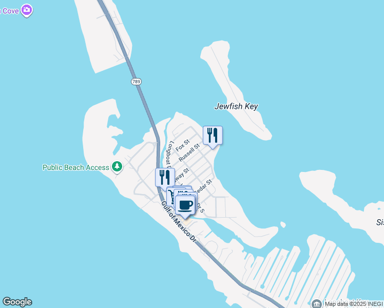 map of restaurants, bars, coffee shops, grocery stores, and more near 690 Russell Street in Longboat Key