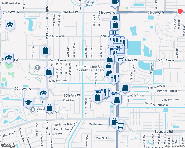 map of restaurants, bars, coffee shops, grocery stores, and more near 5810 17th Street West in Bradenton