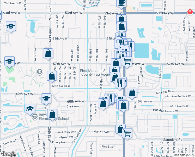 map of restaurants, bars, coffee shops, grocery stores, and more near 5810 17th Street West in Bradenton