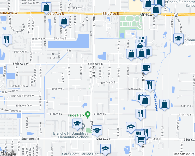 map of restaurants, bars, coffee shops, grocery stores, and more near 909 57th Avenue Place East in Bradenton