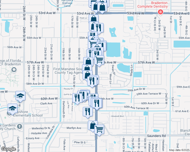 map of restaurants, bars, coffee shops, grocery stores, and more near 5802 14th Street West in Bradenton