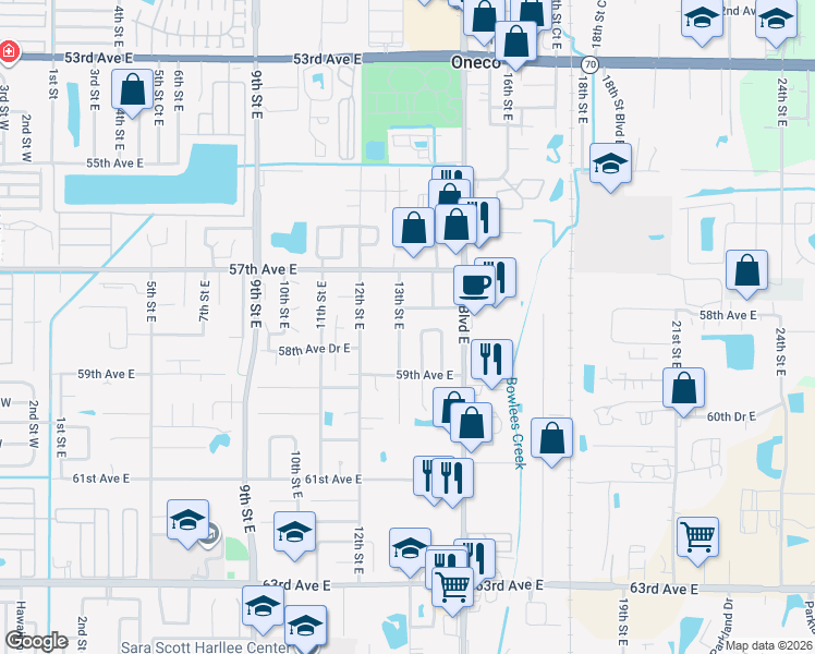 map of restaurants, bars, coffee shops, grocery stores, and more near 5808 13th Street East in Bradenton