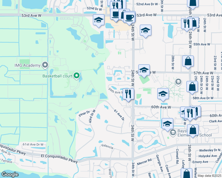 map of restaurants, bars, coffee shops, grocery stores, and more near 3607 59th Avenue West in Bradenton