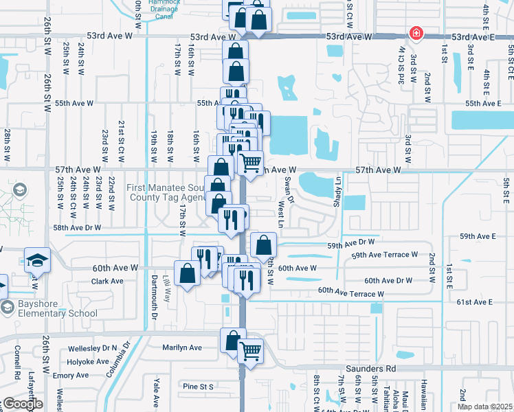 map of restaurants, bars, coffee shops, grocery stores, and more near 32 58th Avenue West in Bradenton