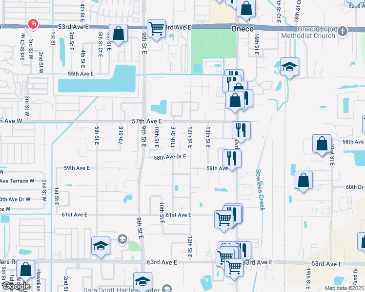 map of restaurants, bars, coffee shops, grocery stores, and more near 5812 12th Street East in Bradenton