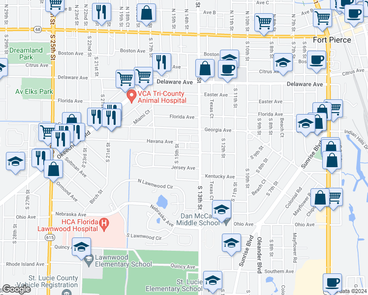 map of restaurants, bars, coffee shops, grocery stores, and more near 1411 Havana Avenue in Fort Pierce