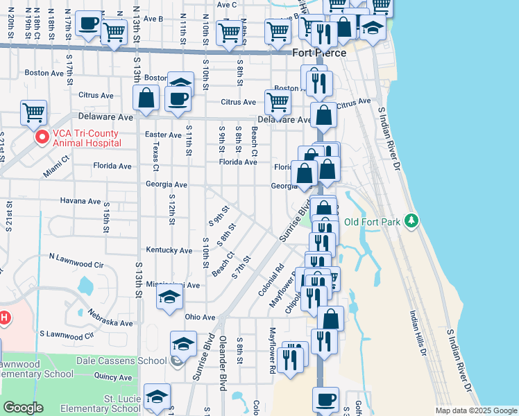 map of restaurants, bars, coffee shops, grocery stores, and more near 818 Beach Court in Fort Pierce