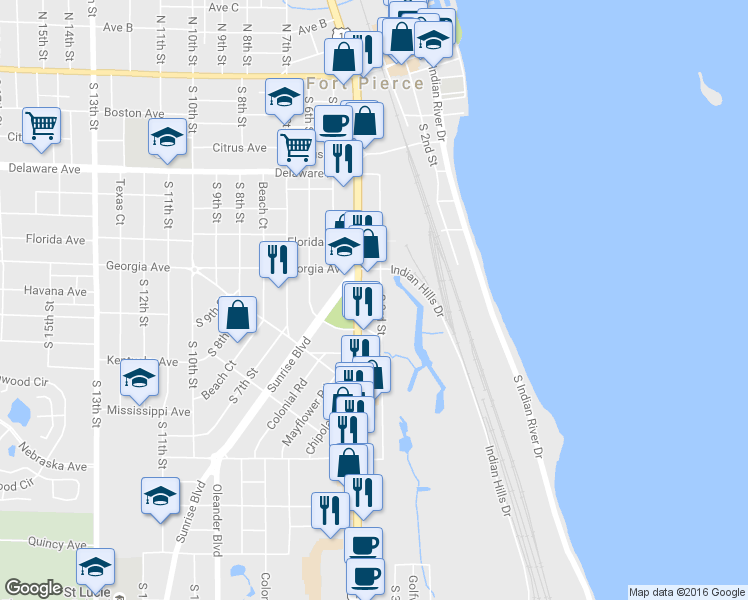 map of restaurants, bars, coffee shops, grocery stores, and more near 901 South 3rd Street in Fort Pierce